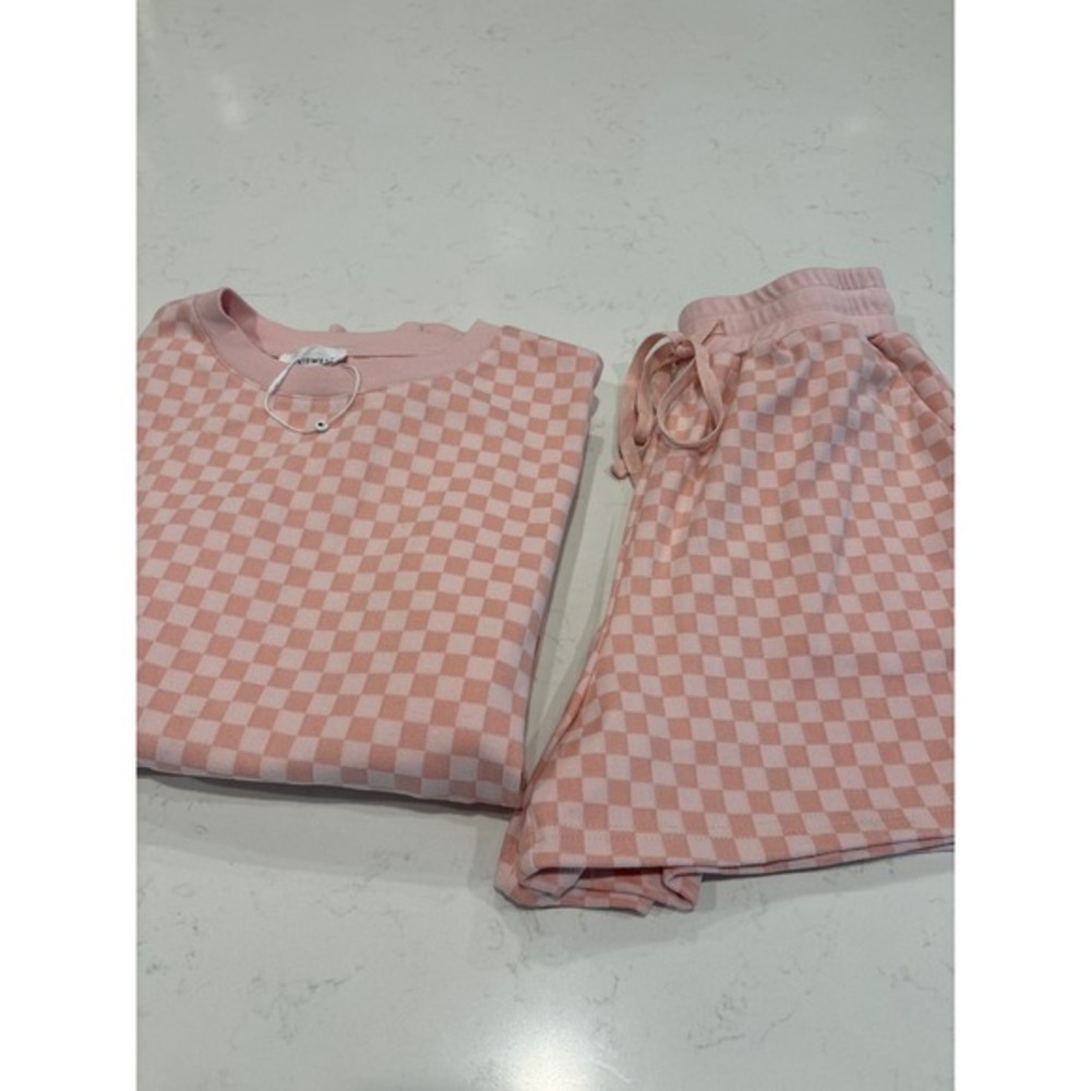 AnnieWear‎ Los Angeles Pink Checkered Lounge Set Long Sleeve Top and Shorts S
